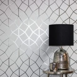 Fine Décor Wallpaper Platinum Geo Trellis Silver Vinyl Wallpaper