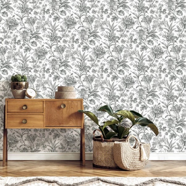Brewster Etched Floral Mono Self Adhesive Wallpaper 8 Brewster Etched Floral Mono Self Adhesive Wallpaper - Image 6
