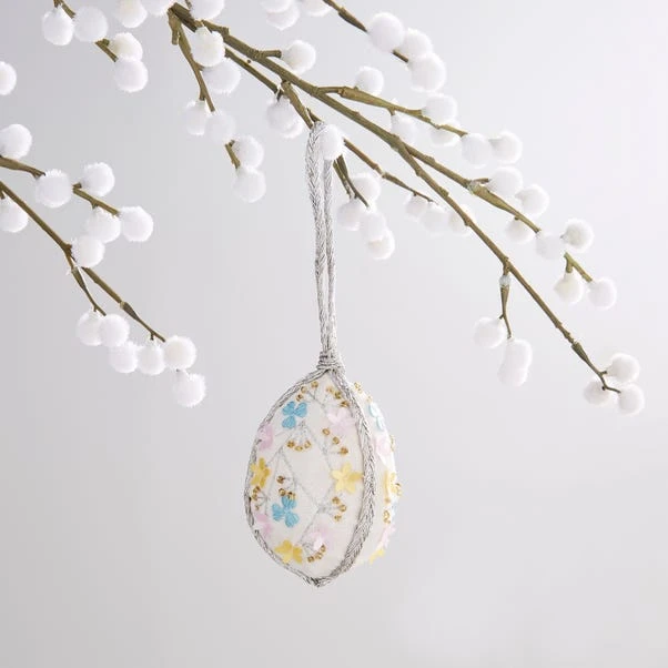 Dunelm White Embroidered Hanging Egg Decoration 3 Dunelm White Embroidered Hanging Egg Decoration