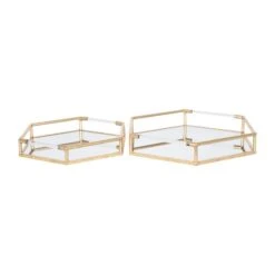 Pacific Lifestyle Set Of 2 Metal & Mirrored Gold Trays -Cool Decoration 30803397 alt02